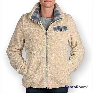 Pendleton Beige deep pile Sherpa fleece plaid accent full zip cozy warm jacket